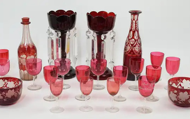 A group of coloured glassware, 19th century, comprising: a pair of ruby...