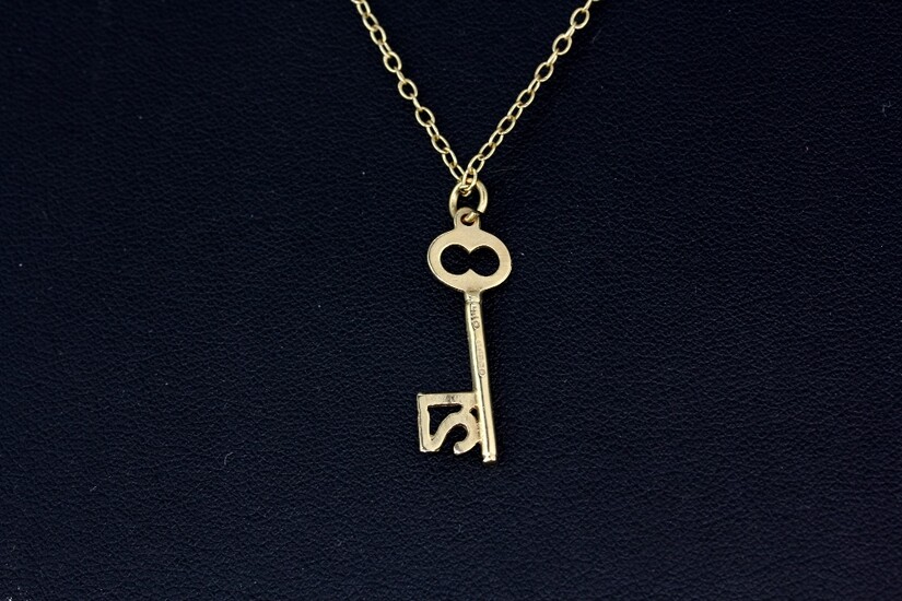 A hallmarked 9ct yellow gold chain and '21' key pendant, L. 40cm.