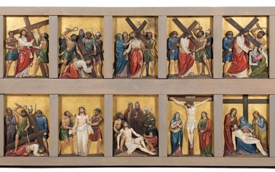 A large carved, polychrome-painted and parcel-gilt ceramic and wood series of the Stations of the Cross