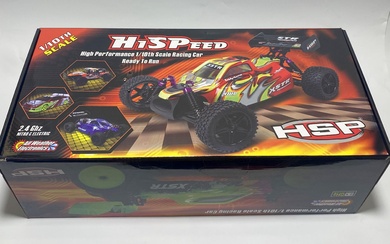 A large remote control car marked Hispeed
