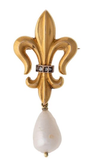 A late 19th early 20th century gold brooch, designed as a fleur-de-lyse, with rose cut diamond detail suspending a later drop shaped cultured pearl drop, brooch c. 1900, length 5.8cm