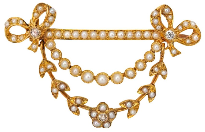 A late 19th / early 20th century gold, half-pearl and old brilliant-cut diamond festoon brooch, designed as two ribbon tied garlands set with half-pearls and diamond accents, fitted Goldsmiths & Silversmiths Company Ltd, 112 Regent St London. case.
