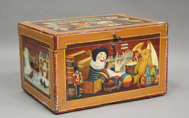 A late Victorian toy box, later polychrome painted throughout with toys and dolls, with applied hand