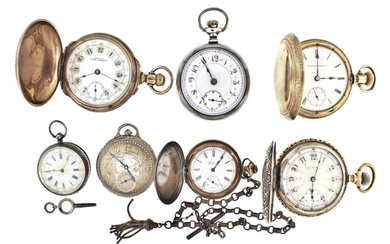 A lot of seven Amercian pocket watches and boxes