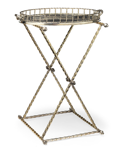 A mid 20th century electroplated faux bamboo cocktail tray together with a similar butler stand