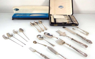 A mixed group of silver flatware comprising a cased set...