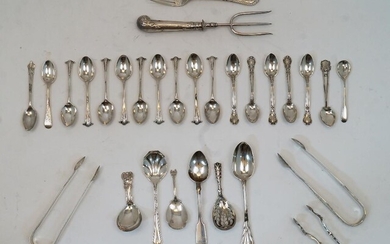 A mixed quantity of silver flatware, to include: nine Victorian coffee spoons, London, 1886, makers mark rubbed; other coffee and teaspoons; a pair of George III sugar tongs, makers mark rubbed; another pair of Georgian sugar tongs, marks rubbed...