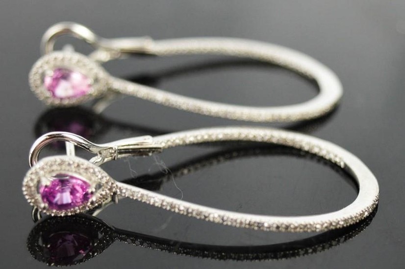 A pair of 18ct white gold and pink sapphire and diamond hoop...