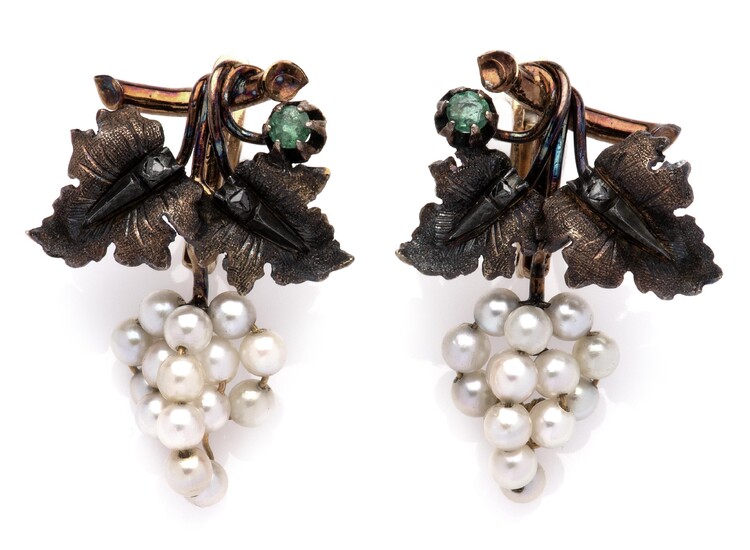A pair of 18k gold and silver emerald, diamond and pearl earrings