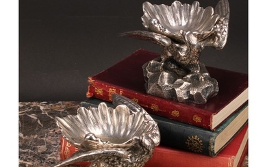 A pair of Baroque design sculptural silver plated salts, eac...