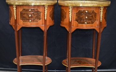 A pair of Baroque style inlaid Oval 3 drawer galleried toppe...