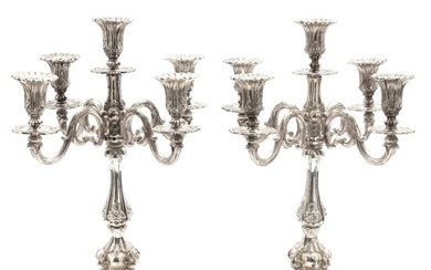A pair of Danish Baroque style sterling silver candelabras, each with five branches. Maker Tonny Fredberg Østergaard. Filled. H. 53.5 cm. (2)