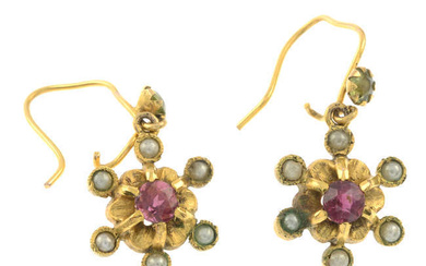 A pair of Edwardian 9ct gold tourmaline, peridot and imitation split pearl drop earrings.