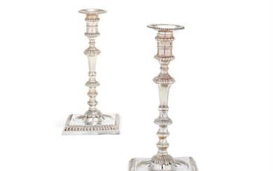 A pair of George II cast silver square candlesticks by John Cafe