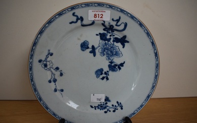 A pair of Victorian pearlware cabinet plates, hand painted with a foliate design within a blue and