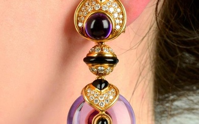 A pair of amethyst, onyx and pavÃ©-set diamond earrings, by Marina B.Estimated total diamond weight