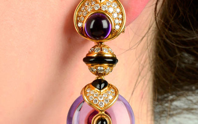 A pair of amethyst, onyx and pavé-set diamond earrings, by Marina B.