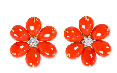 A pair of coral, diamond and eighteen karat gold earrings