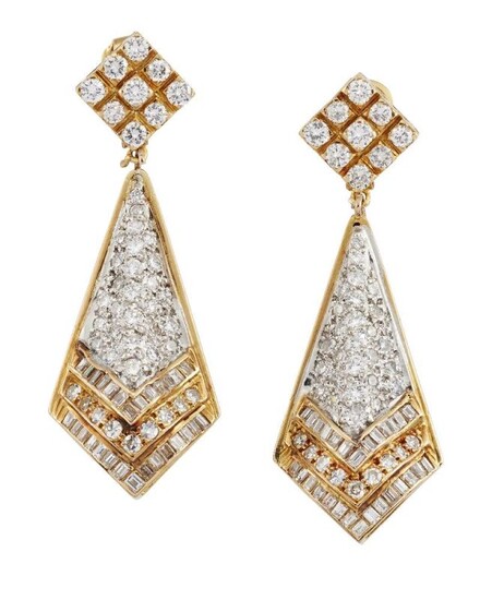 A pair of diamond pendant earrings, the...
