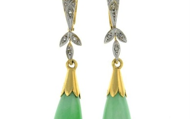 A pair of early 20th century gold jade and rose-cut diamond drop earrings.