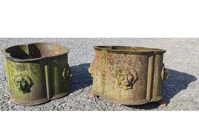 A pair of heavy cast iron Victorian lions head planters - 42...
