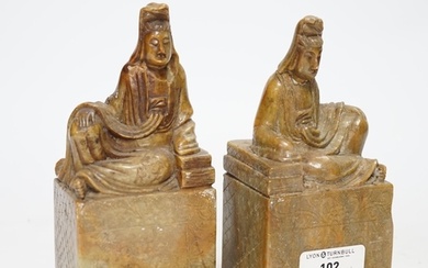 A pair of large Chinese soapstone Guanyin seals, 16.5cm hi...