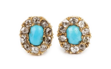 A pair of turquoise and diamond ear studs, each with...