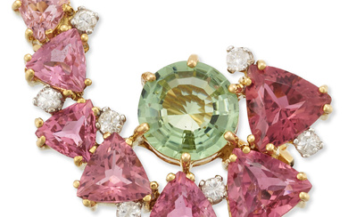 A pink tourmaline, green tourmaline and diamond brooch, of spiral...