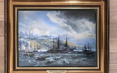 SOLD. A porcelain painting depicting the frigate Jutland after a painting by C.F. Sørensen. Bing & Grøndahl. 30.5 x 38.5 cm. – Bruun Rasmussen Auctioneers of Fine Art