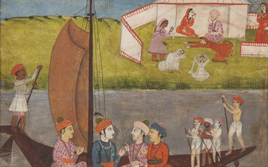 A ruler and his sons with attendants on a boat,...