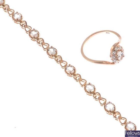 A silver morganite bracelet, with silver morganite and white gem ring.