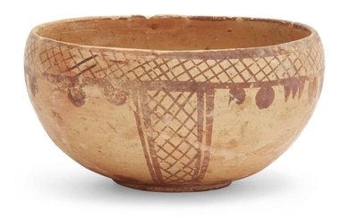 A small Neolithic buffware pottery bowl, Persia, 3rd millenium BC, of deep form, the exterior decorated in red with hatched bands to rim and panels to side, with solid triangles and circles, 9.5cm. diam. x 5cm. high Provenance: Private UK Collection