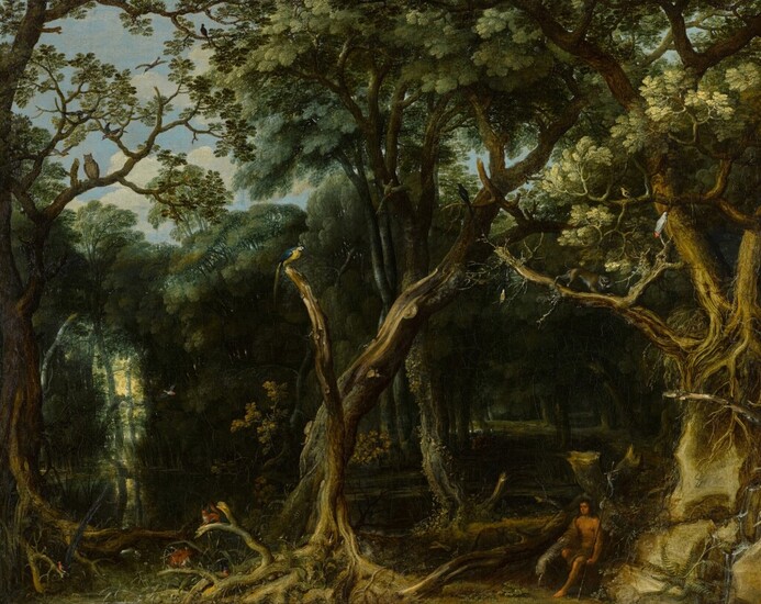A wooded landscape with Saint John the Baptist, Frederick van Valckenborch