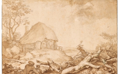 ABRAHAM BLOEMAERT | A THATCHED SHED IN A HILLY REGION: A WOODCUTTER AND RESTING PEASANTS IN THE FOREGROUND