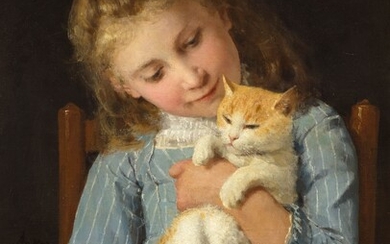 ALBERT ANKER(1831 Ins 1910)Fillette avec un chat. 1881.Huile sur toile.Signé et daté à gauche :...