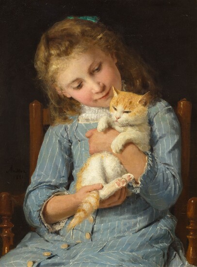 ALBERT ANKER(1831 Ins 1910)Fillette avec un chat. 1881.Huile sur toile.Signé et daté à gauche :...