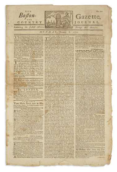 (AMERICAN REVOLUTION--PRELUDE.) Issue of the Boston Gazette and Country Journal featuring a declaration...