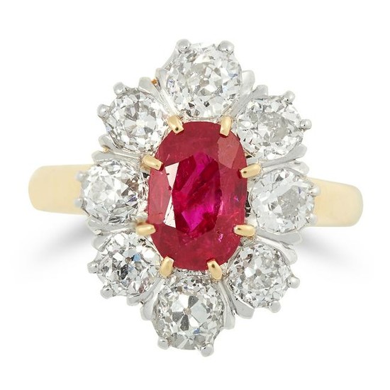 AN ANTIQUE BURMA NO HEAT RUBY AND DIAMOND RING set with