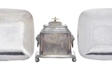 AN EDWARDIAN SILVER PLATED BISCUIT BOX TOGETHER WITH A PAIR OF WMF TRAYS