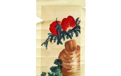 ANTIQUE CHINESE WATERCOLOR PAINTING ON LINEN SCROLL