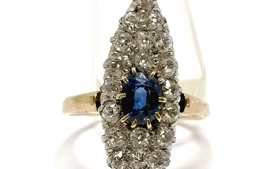 ANTIQUE GOLD DIAMOND / SAPPHIRE MARQUISE SHAPE CLUSTER RING.