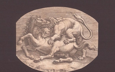 Aaftermo Scultori (1530-1585) Lion attacking a horse Engraving 13 x...