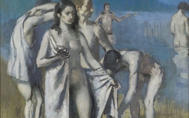 Alexander Goudie, Scottish 1933-2004- Figures bathing; oil on canvas, signed,...