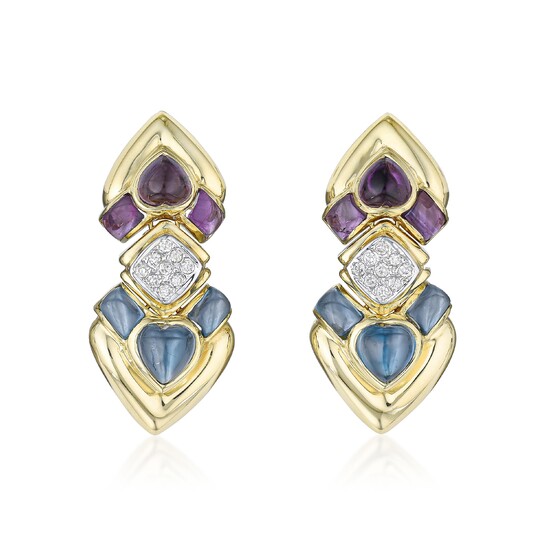 Amethyst Blue Topaz and Diamond Double Heart Earrings