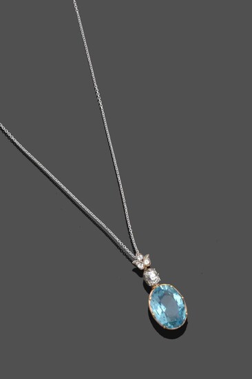 An Aquamarine and Diamond Pendant on Chain, an old cut and rose cut diamond set trefoil...