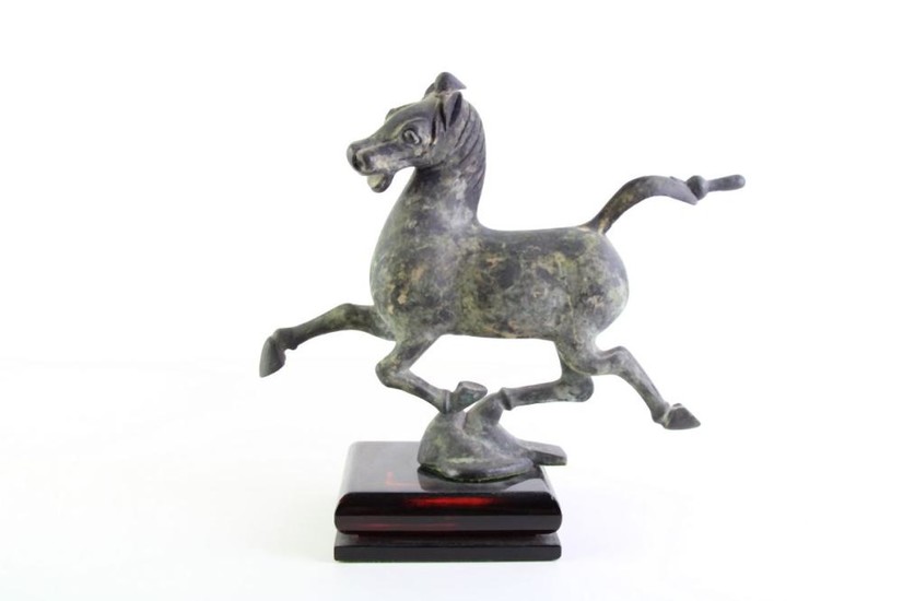 An Archaic Style Horse Figure Mounted to Timber Base (H 33cm)