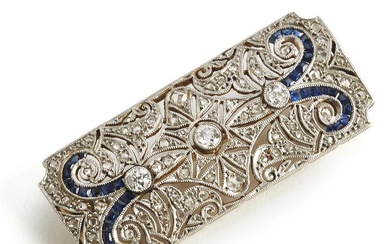 An Art Deco sapphire and diamond brooch set with square-cut...
