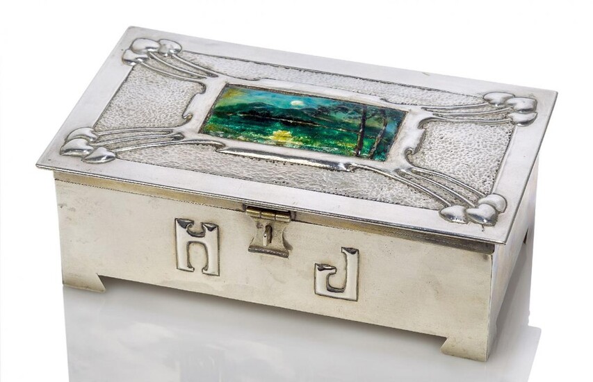 An Art and Crafts plated metal and enamel box with...