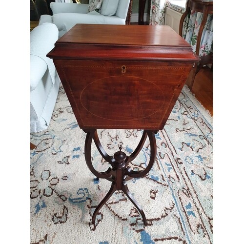 An Edwardian Mahogany Inlaid Sewing Box on shaped stand. 32 ...