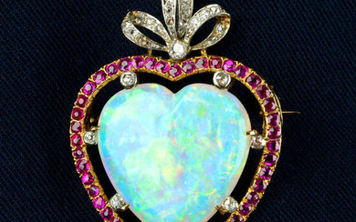An Edwardian platinum and 18ct gold opal heart cabochon, ruby and diamond bow brooch.